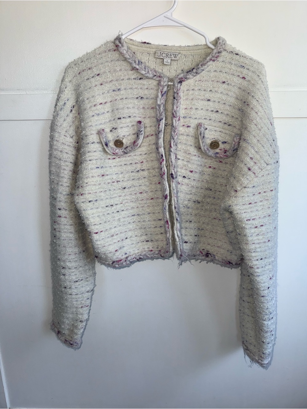 J Crew Cropped Lady Jacket Ivory Marled Yarn Sz Medium Coquette Preppy Old Money - Picture 2 of 9